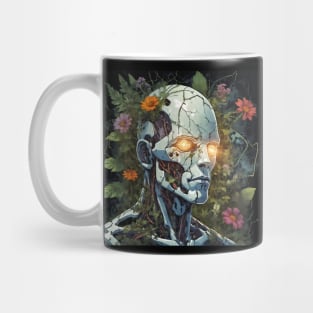 Cyborg with cracked head full of plants Mug